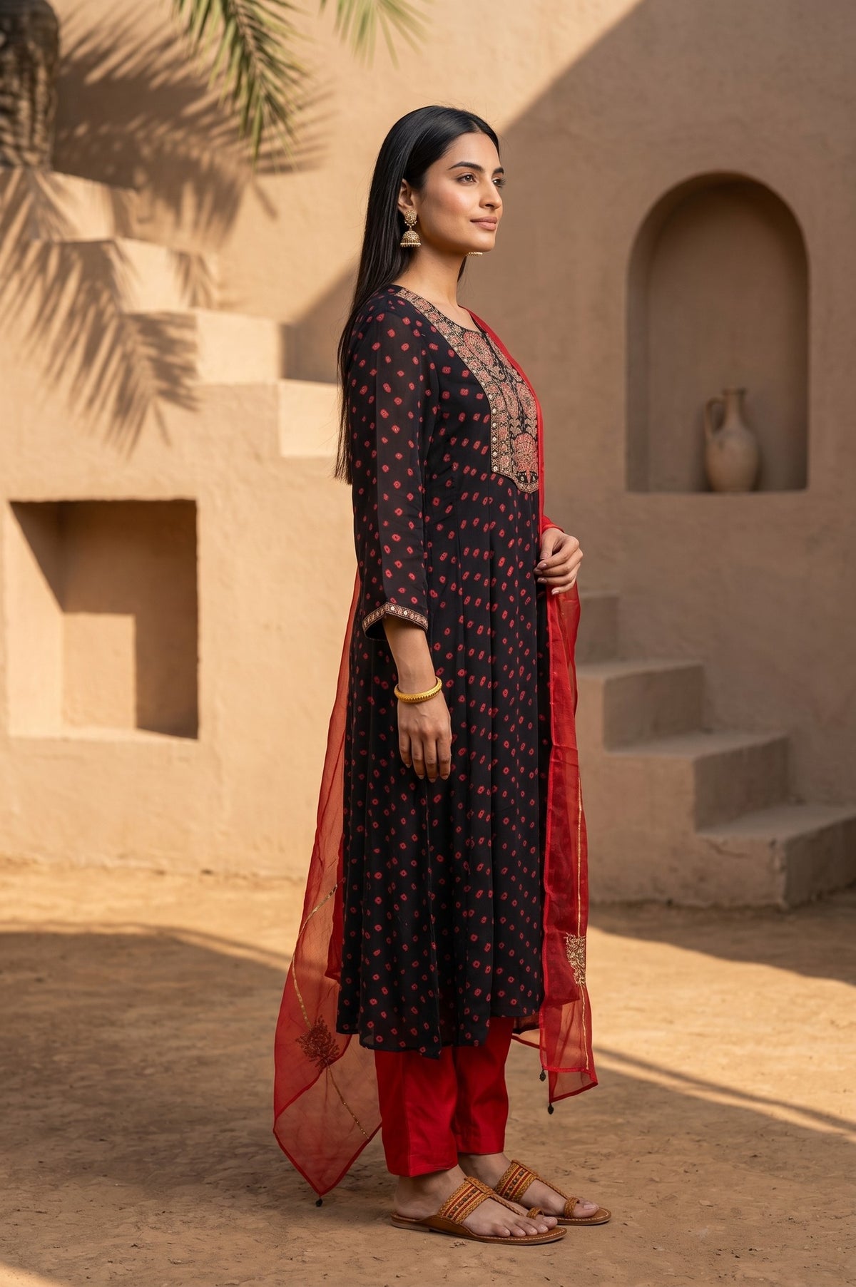 Black Bandhani Zari Embroidered Modal Satin Straight Kurta with Pants and Dupatta Set