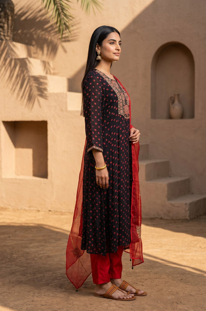 Black Bandhani Zari Embroidered Modal Satin Straight Kurta with Pants and Dupatta Set
