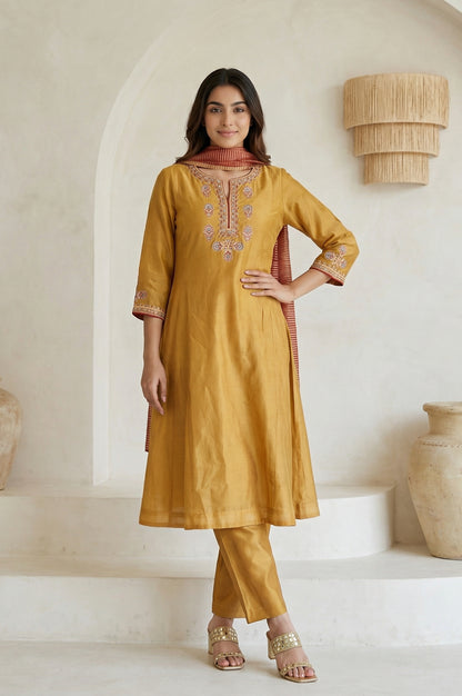 Mustard Embroidered Silk Blend A-line Kurta with Straight Pants and Dupatta Set
