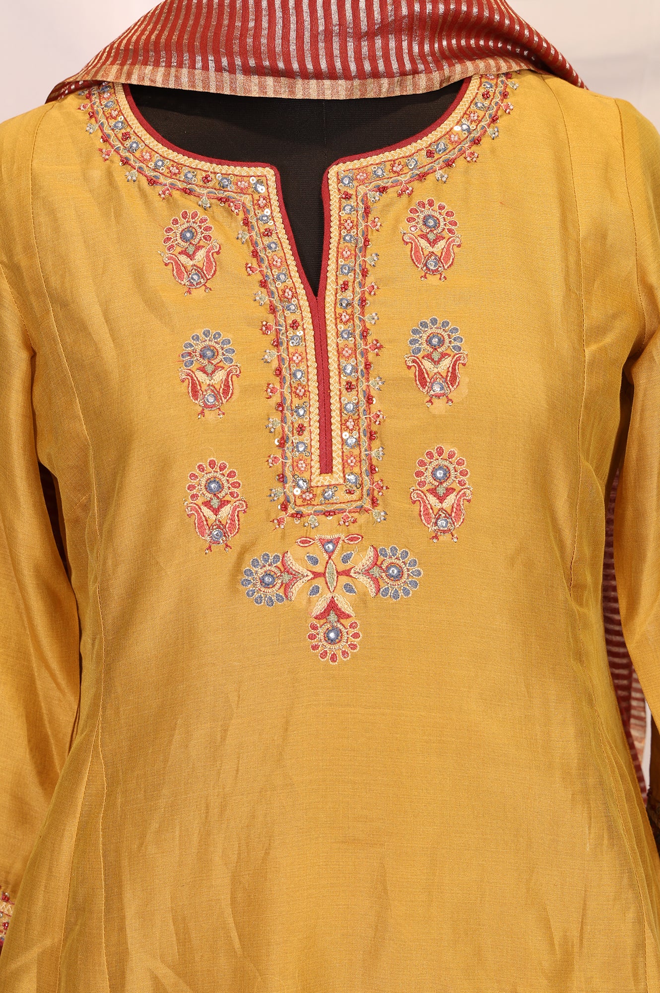 Mustard Embroidered Silk Blend A-line Kurta with Straight Pants and Dupatta Set