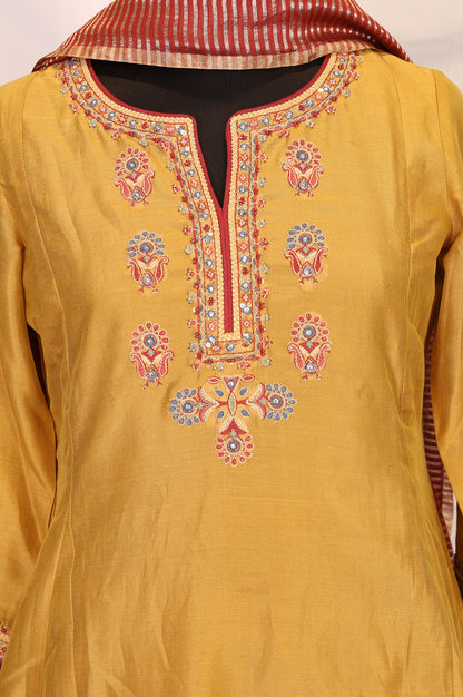 Mustard Embroidered Silk Blend A-line Kurta with Straight Pants and Dupatta Set