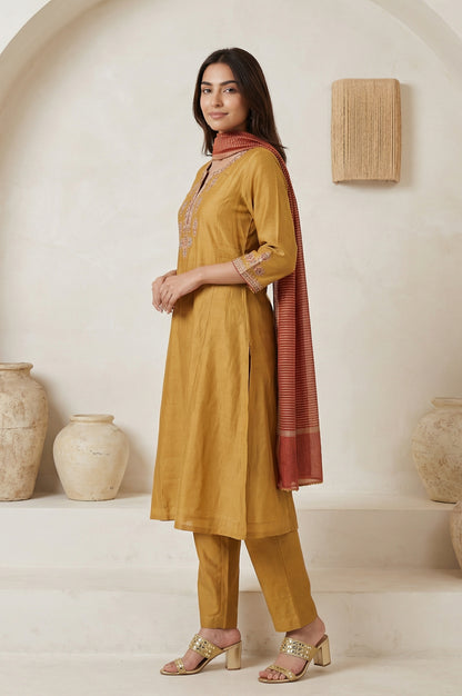 Mustard Embroidered Silk Blend A-line Kurta with Straight Pants and Dupatta Set