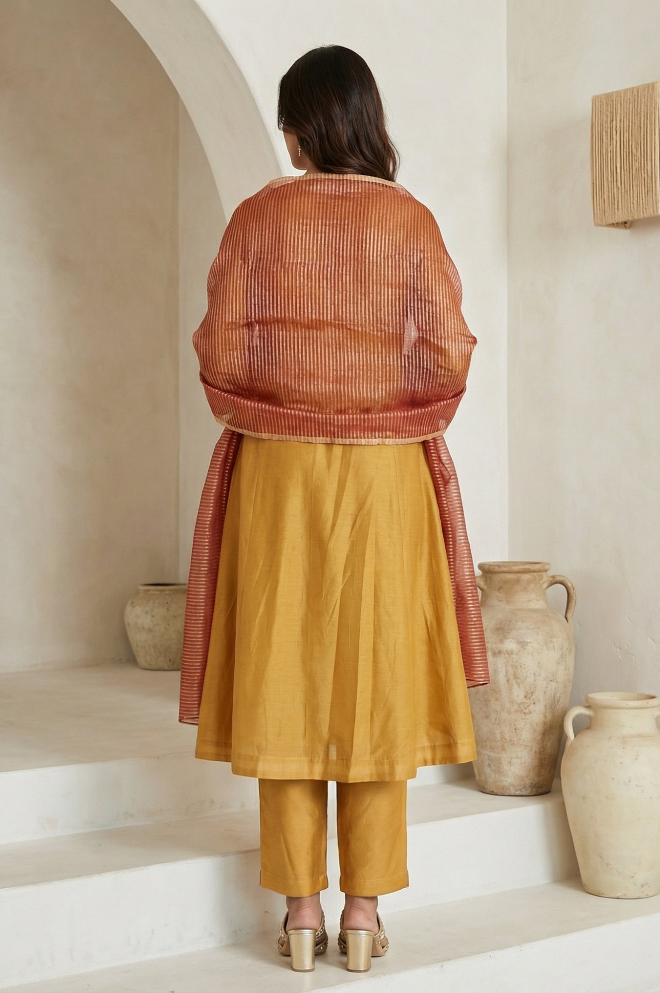 Mustard Embroidered Silk Blend A-line Kurta with Straight Pants and Dupatta Set
