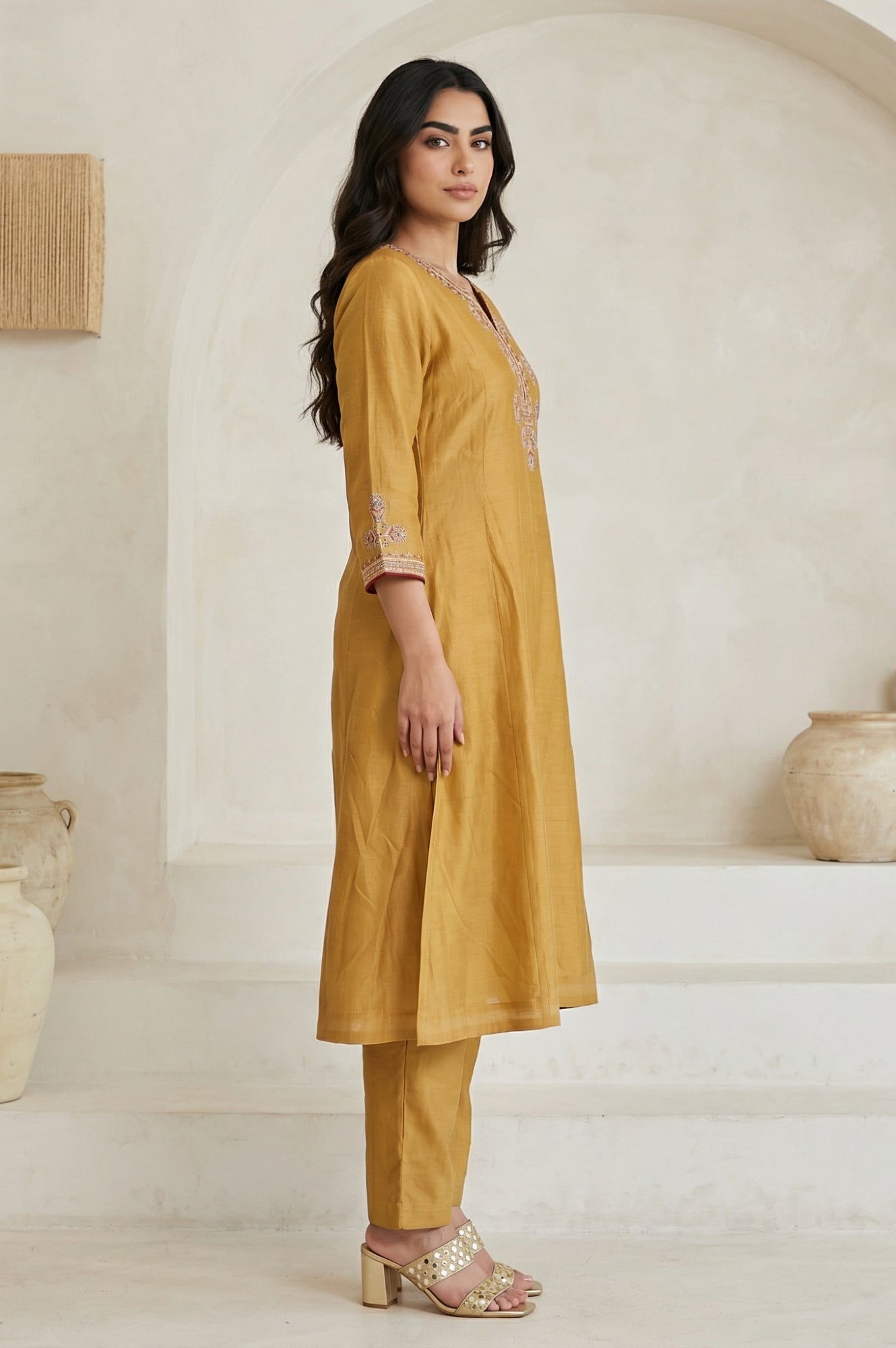 Mustard Embroidered Silk Blend A-line Kurta with Straight Pants and Dupatta Set