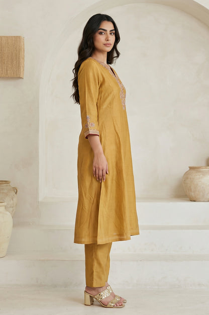 Mustard Embroidered Silk Blend A-line Kurta with Straight Pants and Dupatta Set