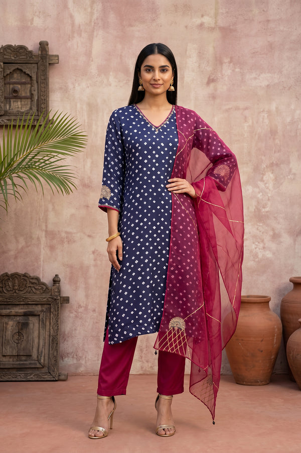 Navy Blue Bandhej Modal Satin Straight Kurta With Pants and Dupatta Set
