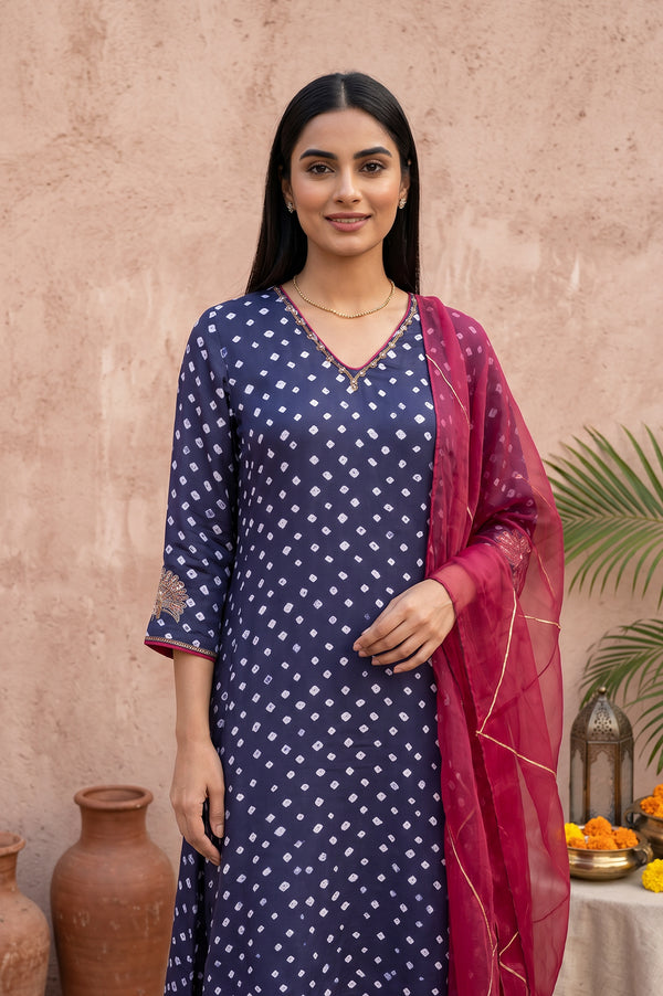 Navy Blue Bandhej Modal Satin Straight Kurta With Pants and Dupatta Set