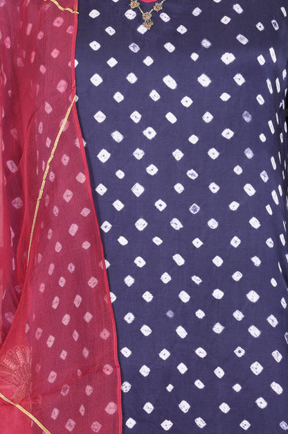 Navy Blue Bandhej Modal Satin Straight Kurta With Pants and Dupatta Set