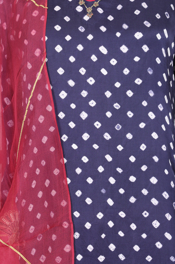 Navy Blue Bandhej Modal Satin Straight Kurta With Pants and Dupatta Set