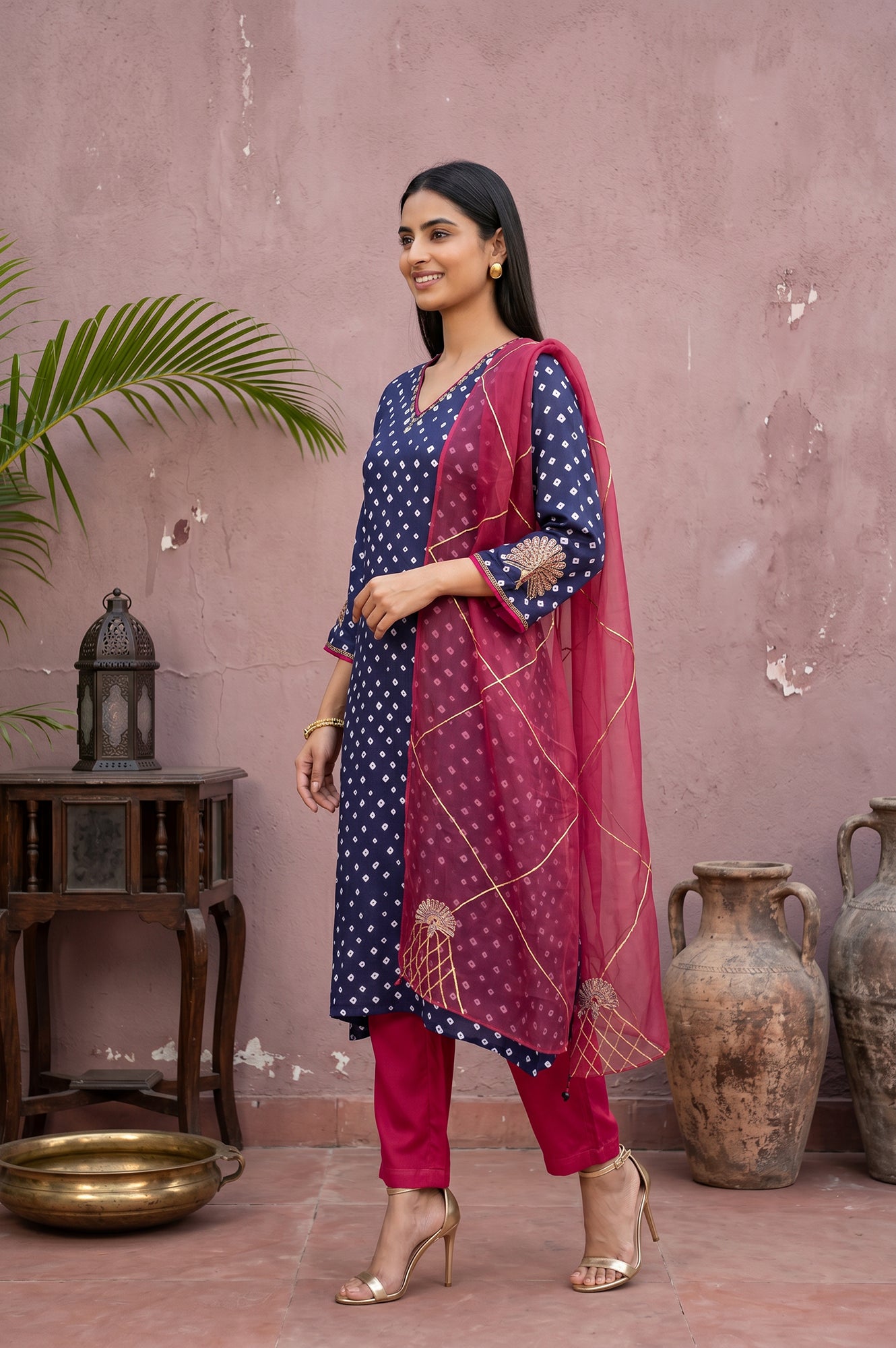 Navy Blue Bandhej Modal Satin Straight Kurta With Pants and Dupatta Set