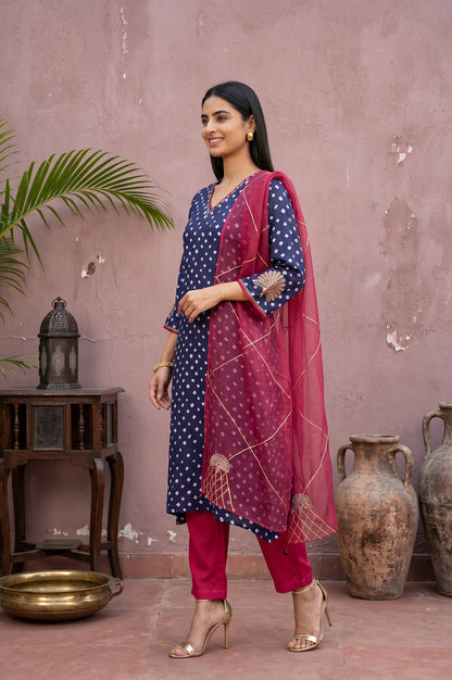 Navy Blue Bandhej Modal Satin Straight Kurta With Pants and Dupatta Set