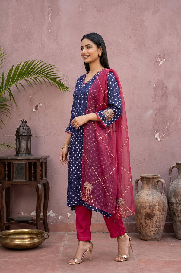 Navy Blue Bandhej Modal Satin Straight Kurta With Pants and Dupatta Set
