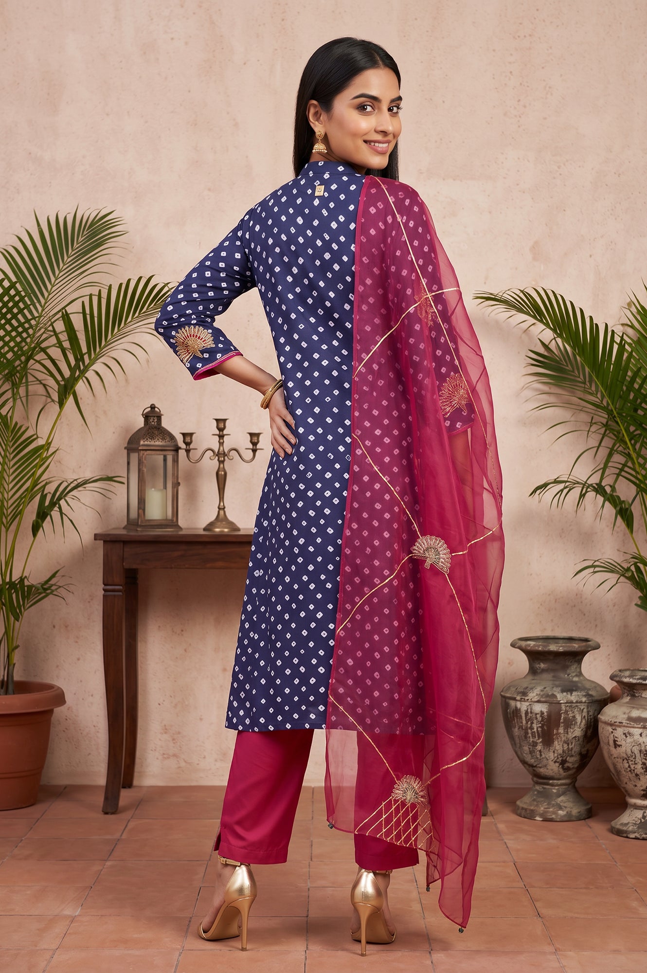 Navy Blue Bandhej Modal Satin Straight Kurta With Pants and Dupatta Set