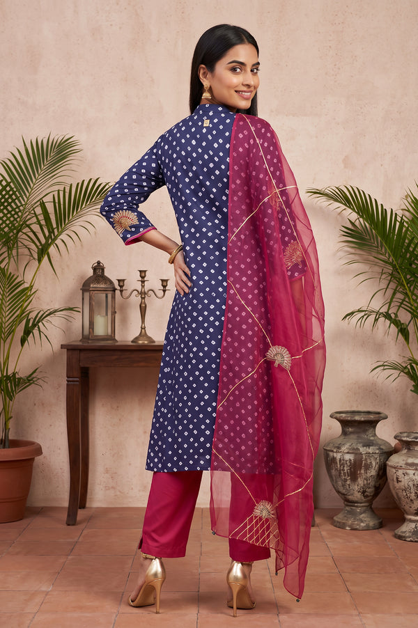 Navy Blue Bandhej Modal Satin Straight Kurta With Pants and Dupatta Set