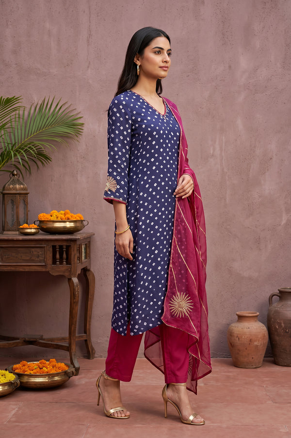 Navy Blue Bandhej Modal Satin Straight Kurta With Pants and Dupatta Set