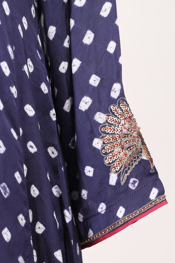 Navy Blue Bandhej Modal Satin Straight Kurta With Pants and Dupatta Set