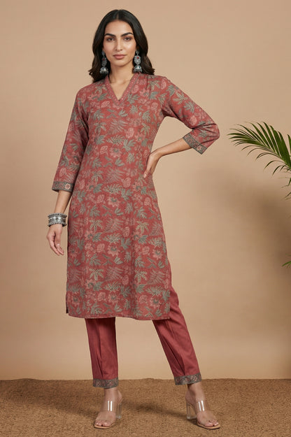 Dark Red Block Printed Pure Cotton Straight Kurta with Pants Set