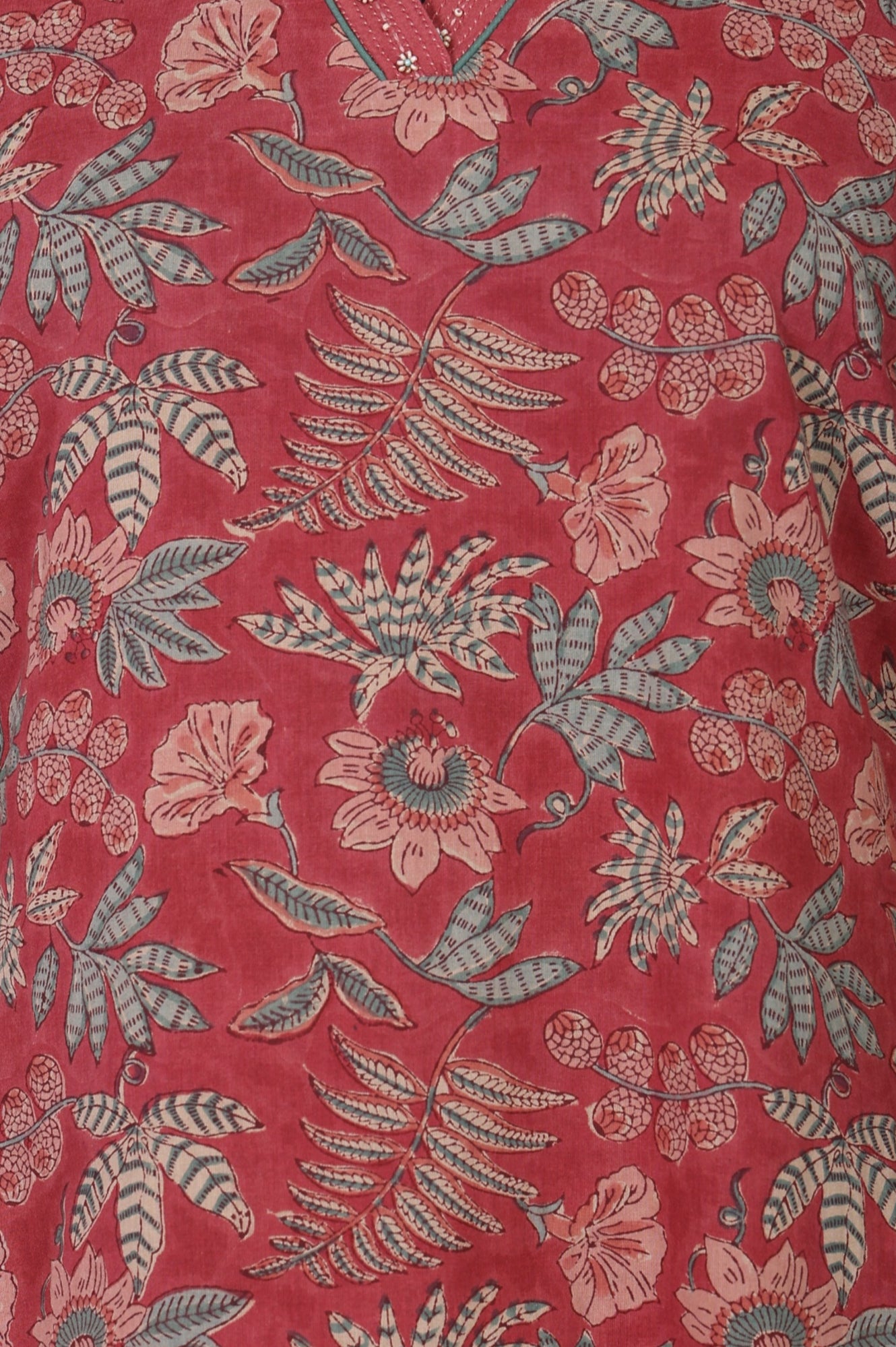 Dark Red Block Printed Pure Cotton Straight Kurta with Pants Set