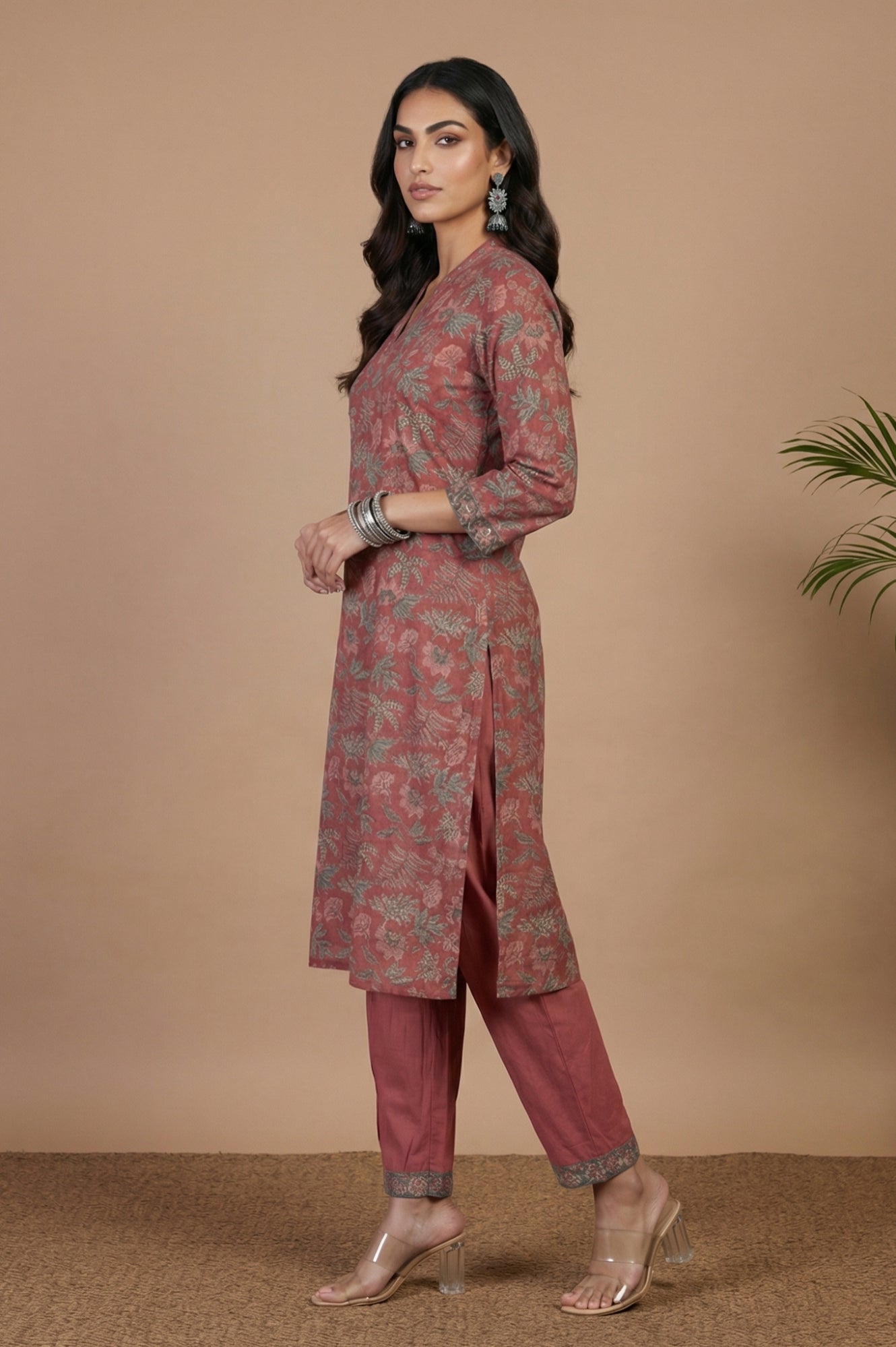 Dark Red Block Printed Pure Cotton Straight Kurta with Pants Set