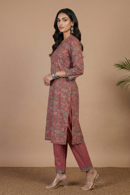 Dark Red Block Printed Pure Cotton Straight Kurta with Pants Set