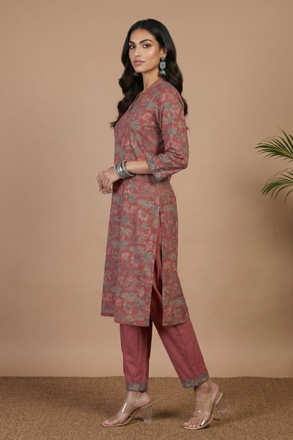 Dark Red Block Printed Pure Cotton Straight Kurta with Pants Set