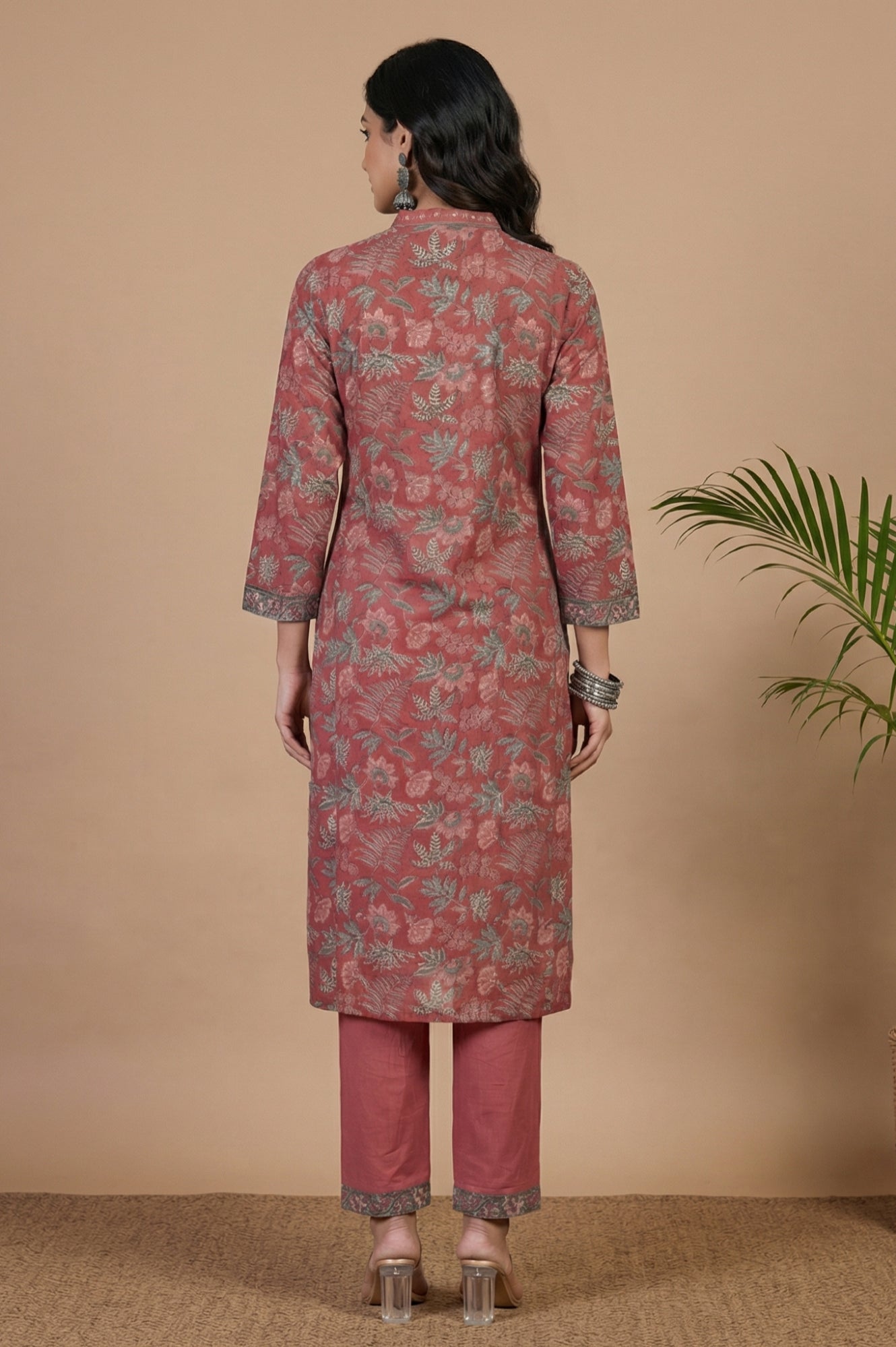 Dark Red Block Printed Pure Cotton Straight Kurta with Pants Set