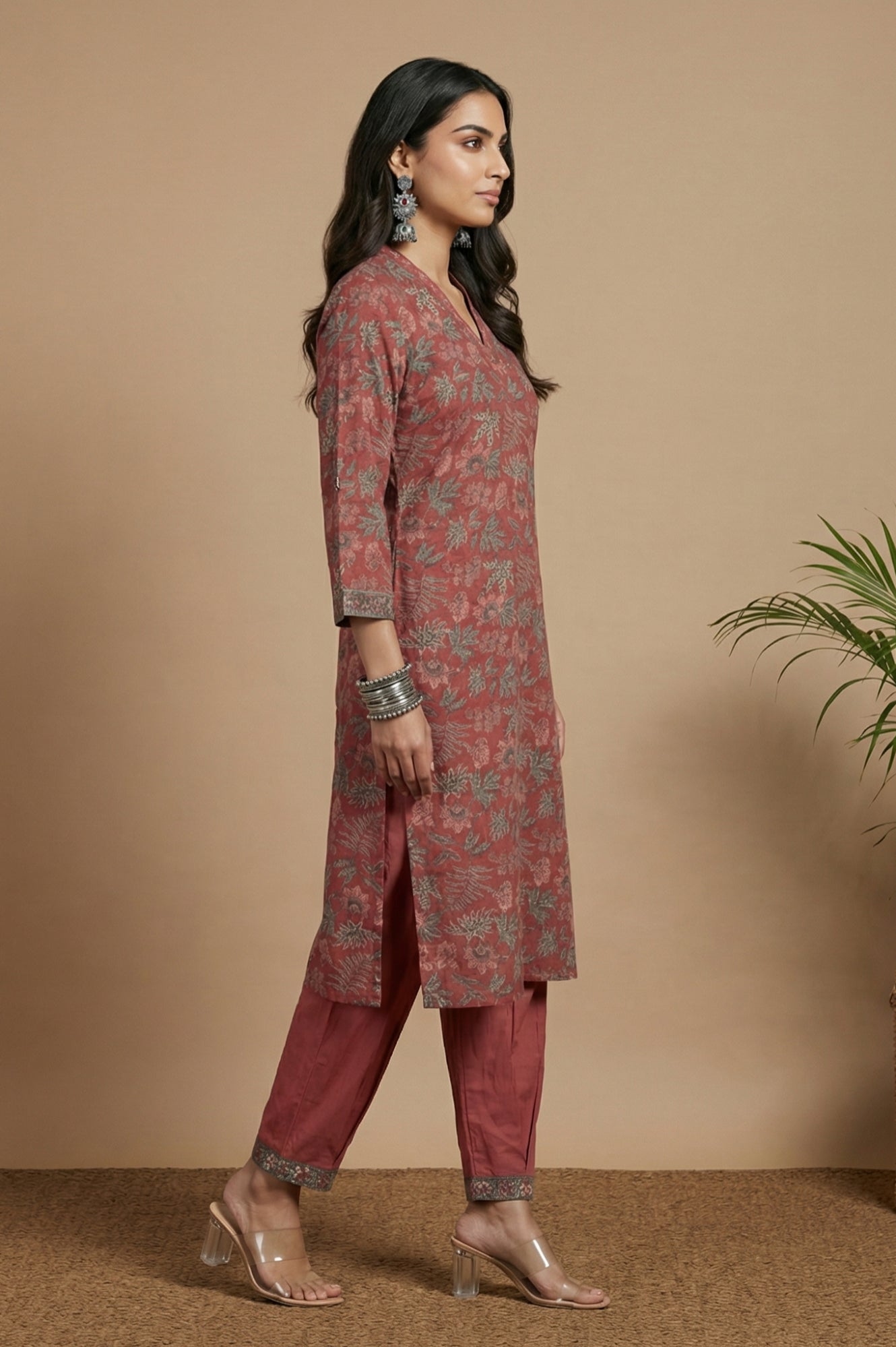 Dark Red Block Printed Pure Cotton Straight Kurta with Pants Set