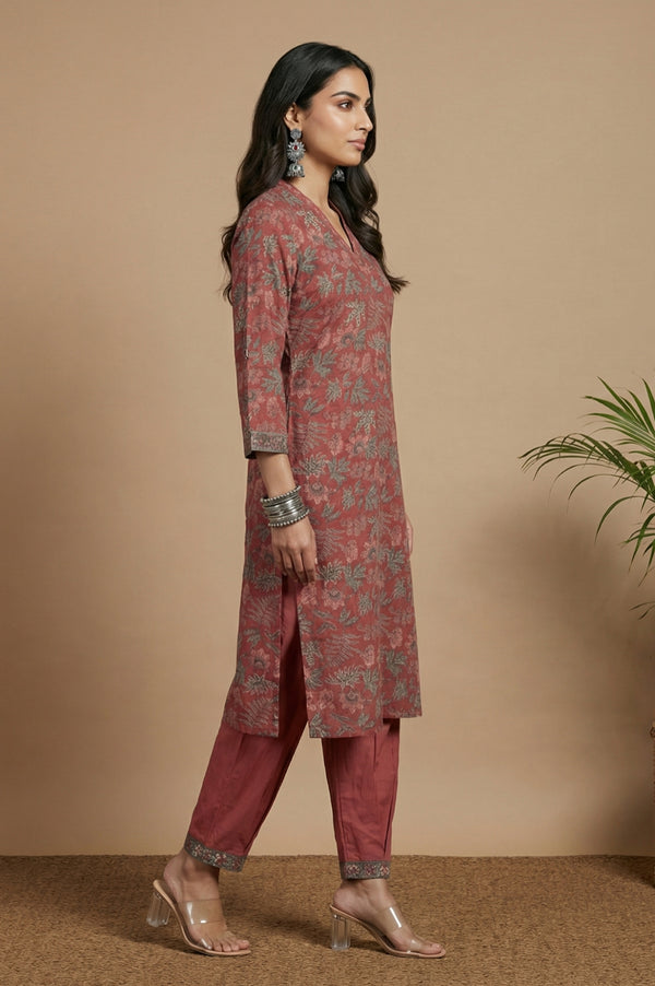 Dark Red Block Printed Pure Cotton Straight Kurta with Pants Set
