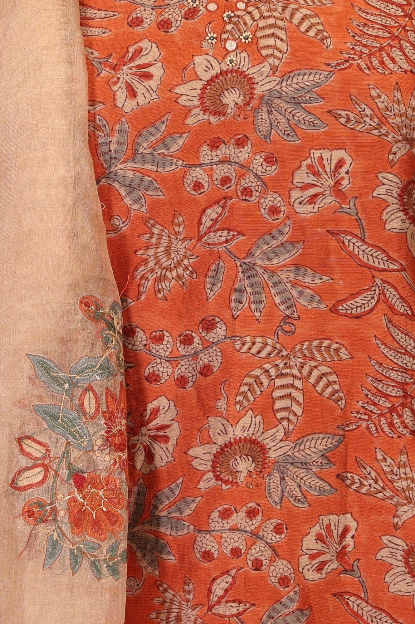 Orange Block Printed Cotton Silk Straight Kurta with Straight Pants and Dupatta Set