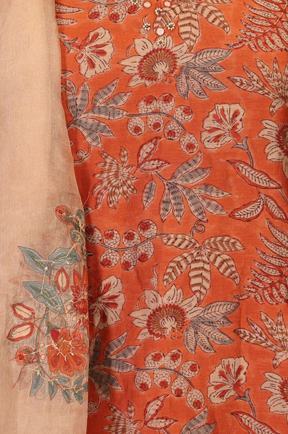 Orange Block Printed Cotton Silk Straight Kurta with Straight Pants and Dupatta Set