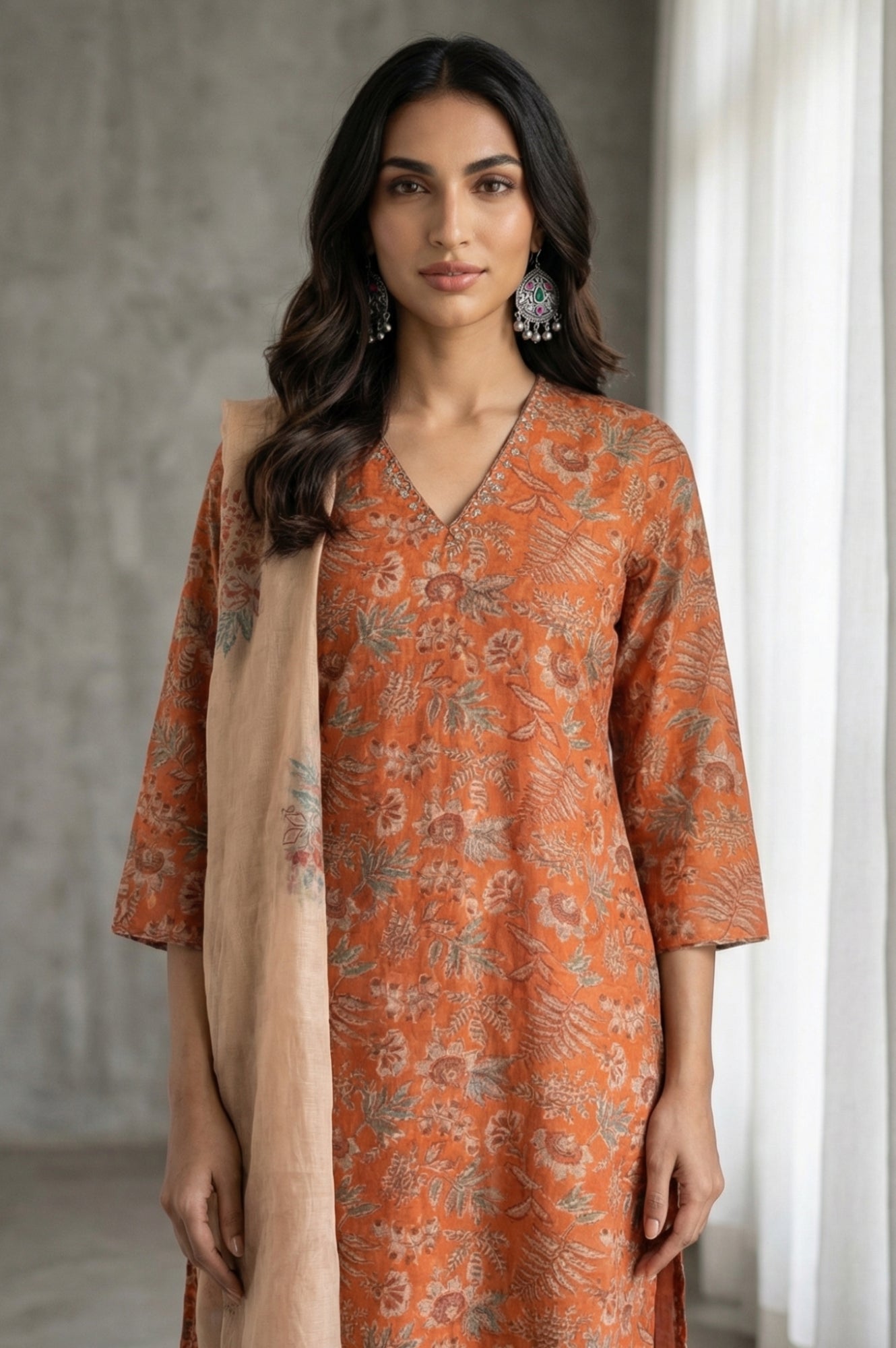 Orange Block Printed Cotton Silk Straight Kurta with Straight Pants and Dupatta Set