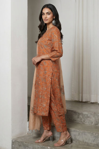 Orange Block Printed Cotton Silk Straight Kurta with Straight Pants and Dupatta Set