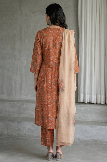 Orange Block Printed Cotton Silk Straight Kurta with Straight Pants and Dupatta Set