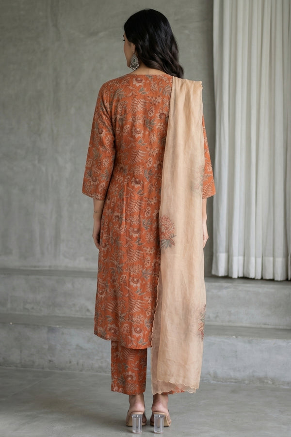 Orange Block Printed Cotton Silk Straight Kurta with Straight Pants and Dupatta Set