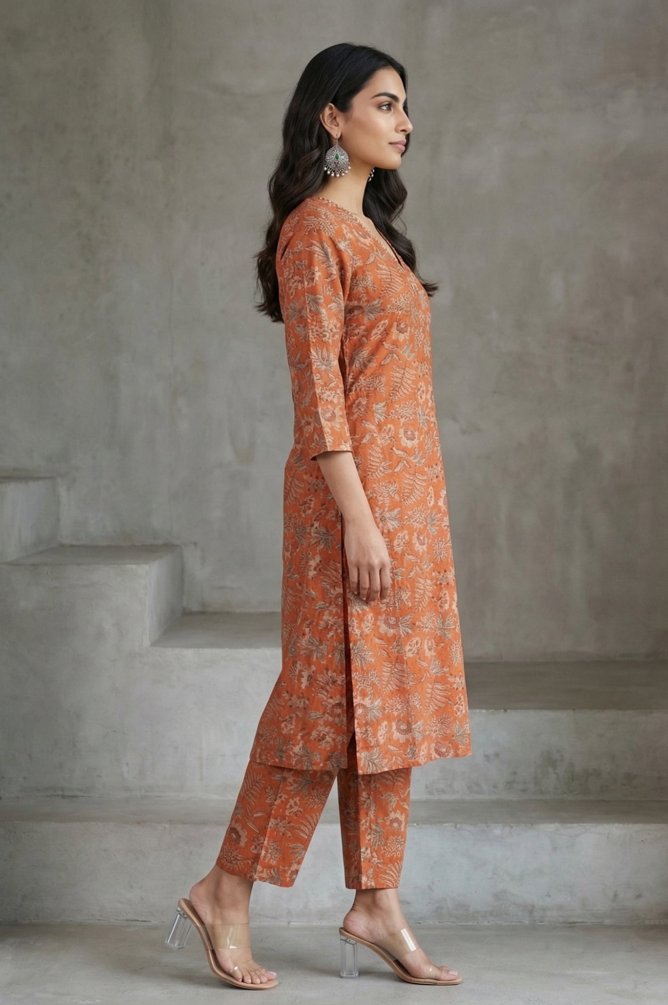 Orange Block Printed Cotton Silk Straight Kurta with Straight Pants and Dupatta Set