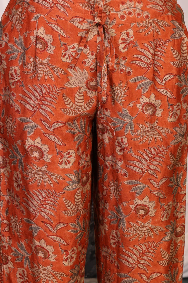Orange Block Printed Cotton Silk Straight Kurta with Straight Pants and Dupatta Set