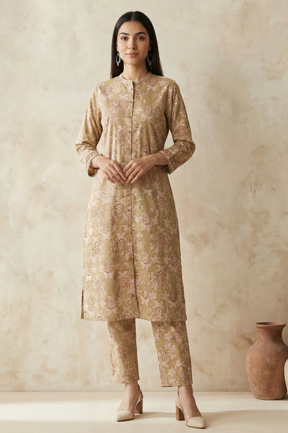 Basil Green Block Printed Floral Pure Cotton Straight Kurta With Pant Set