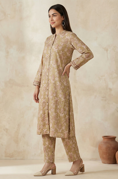 Basil Green Block Printed Floral Pure Cotton Straight Kurta With Pant Set