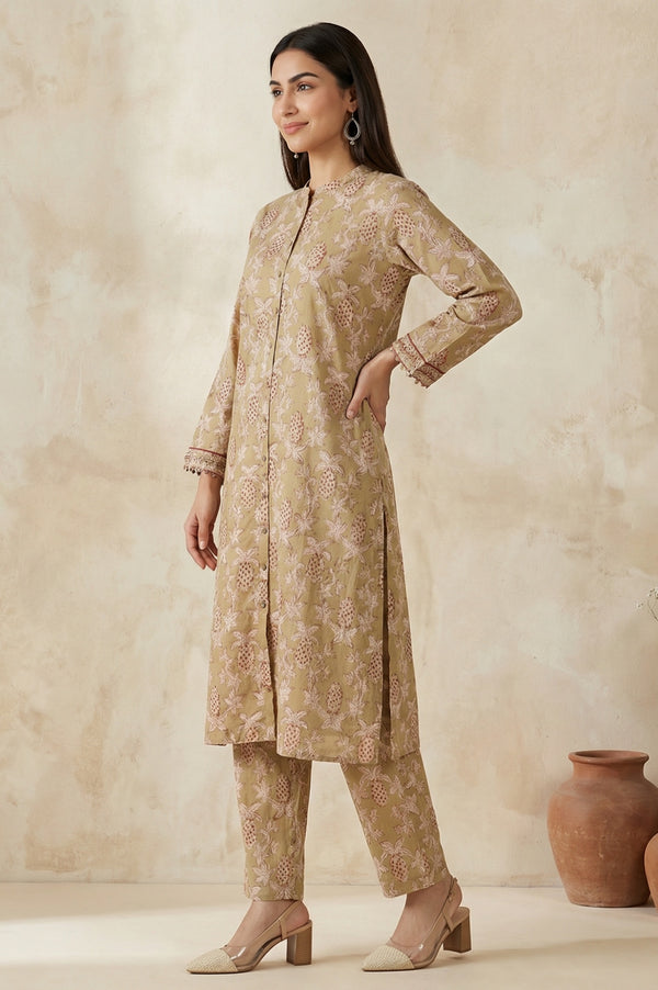 Basil Green Block Printed Floral Pure Cotton Straight Kurta With Pant Set