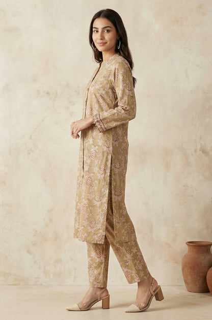 Basil Green Block Printed Floral Pure Cotton Straight Kurta With Pant Set