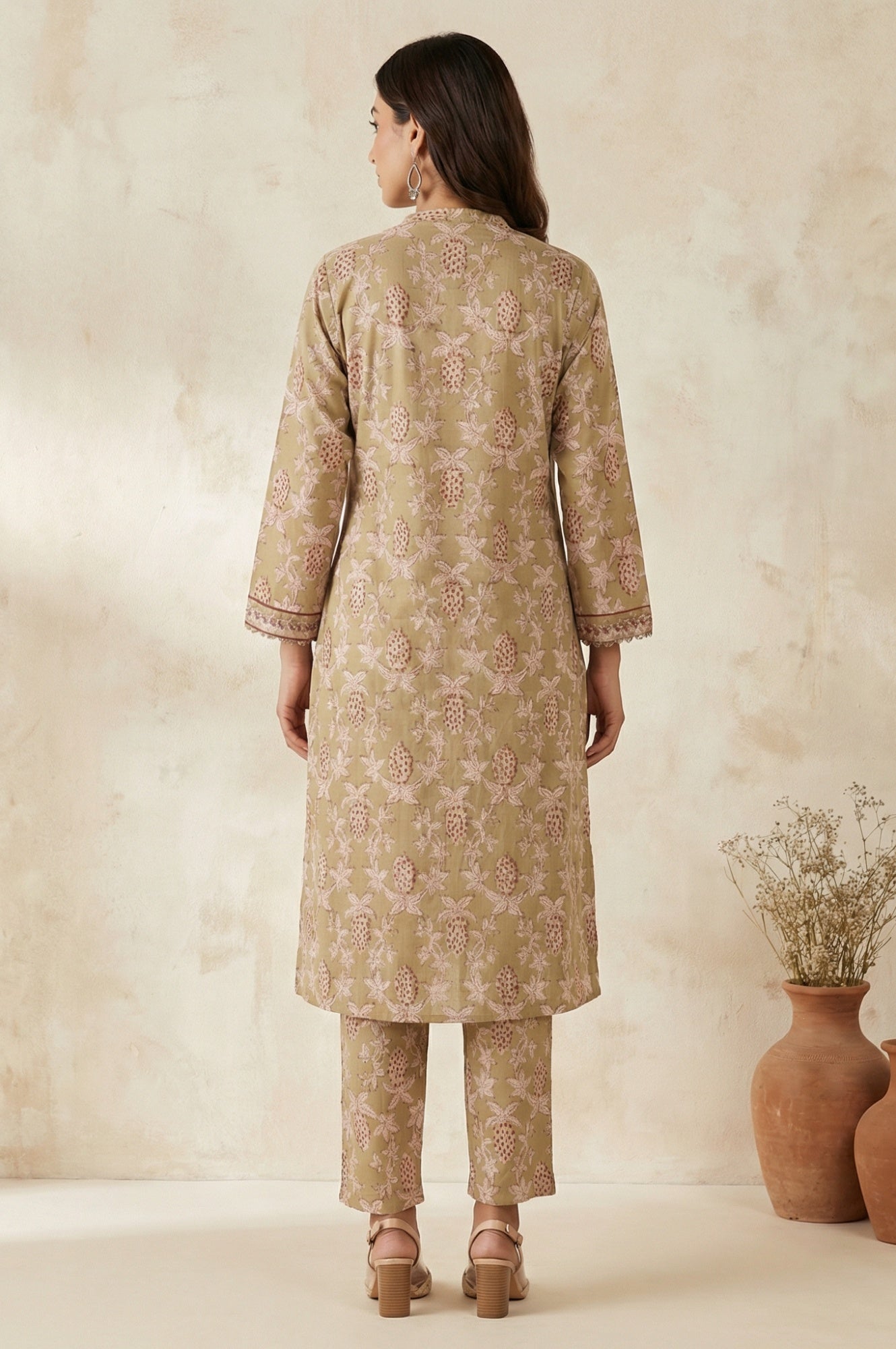 Basil Green Block Printed Floral Pure Cotton Straight Kurta With Pant Set