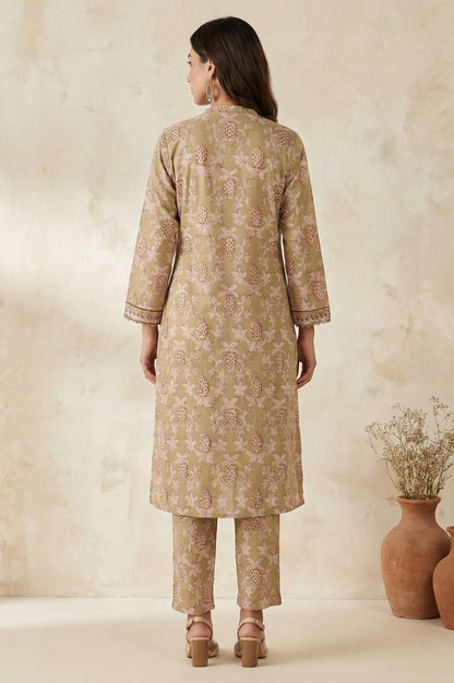 Basil Green Block Printed Floral Pure Cotton Straight Kurta With Pant Set