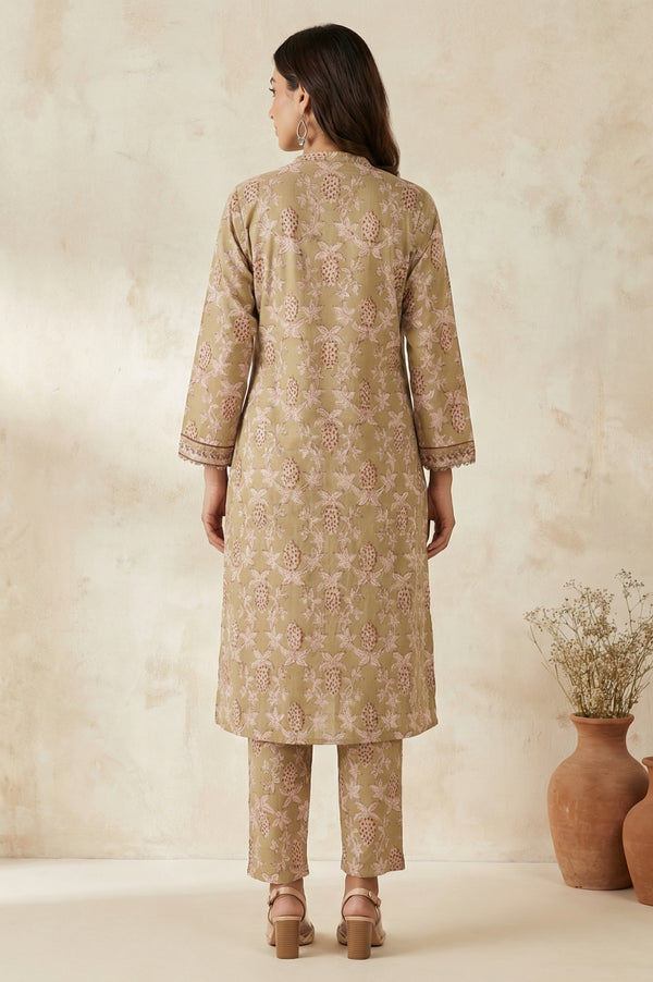 Basil Green Block Printed Floral Pure Cotton Straight Kurta With Pant Set