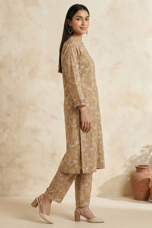 Basil Green Block Printed Floral Pure Cotton Straight Kurta With Pant Set