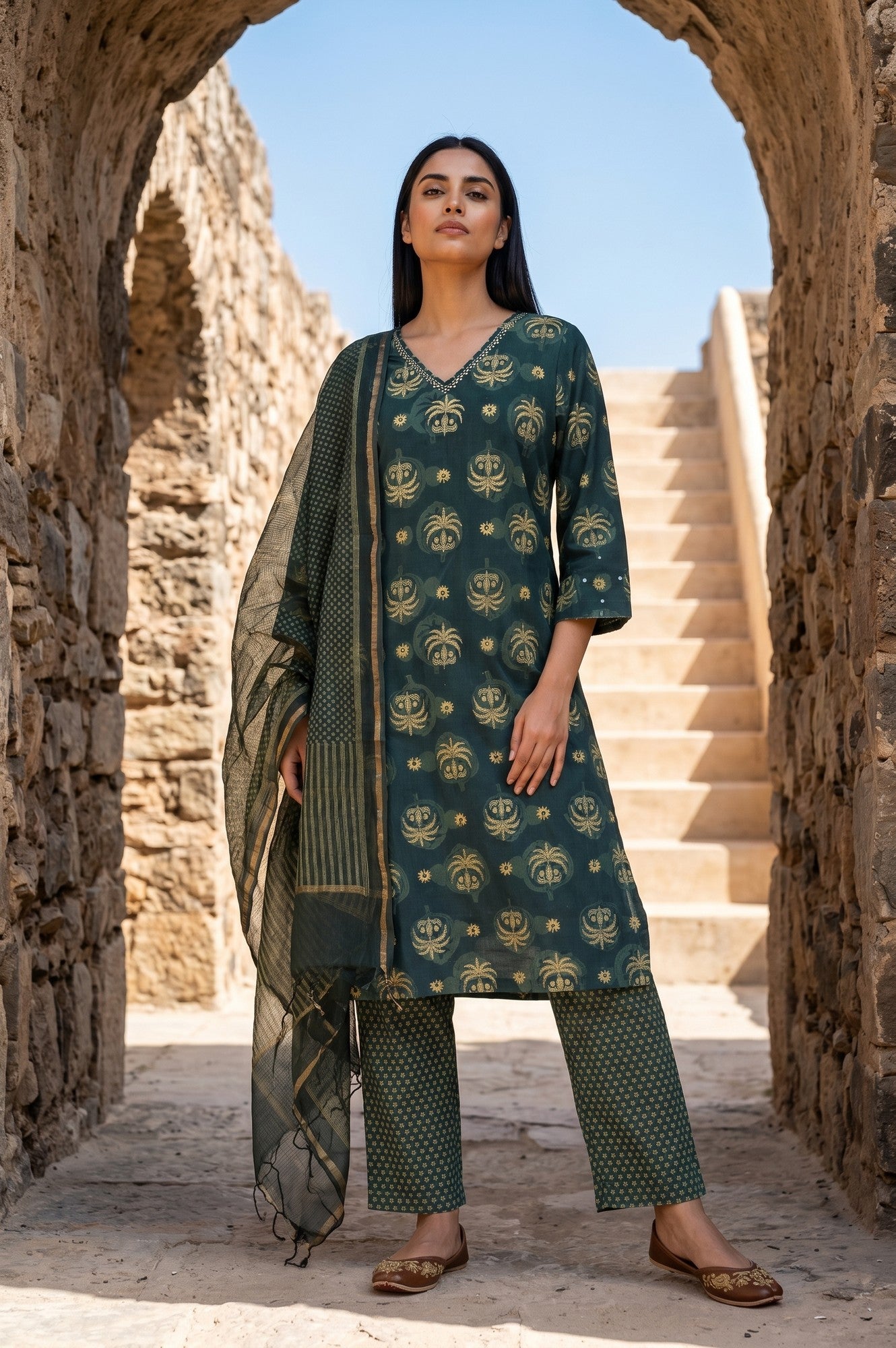 Green Block Printed Pure Cotton Straight Kurta With Straight Pants And Dupatta Set
