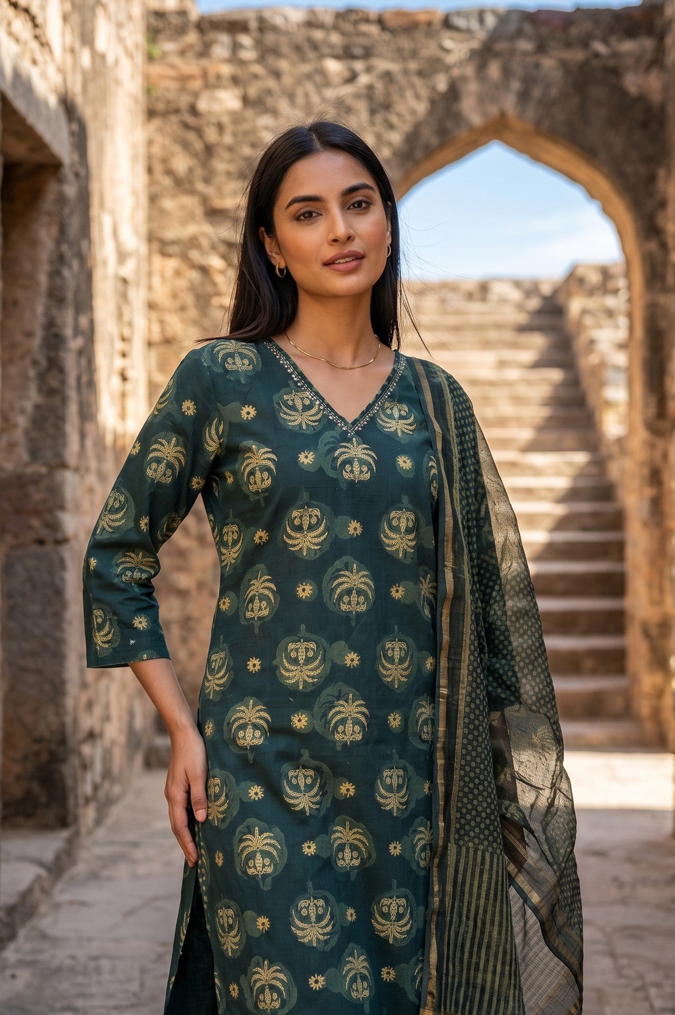 Green Block Printed Pure Cotton Straight Kurta With Straight Pants And Dupatta Set