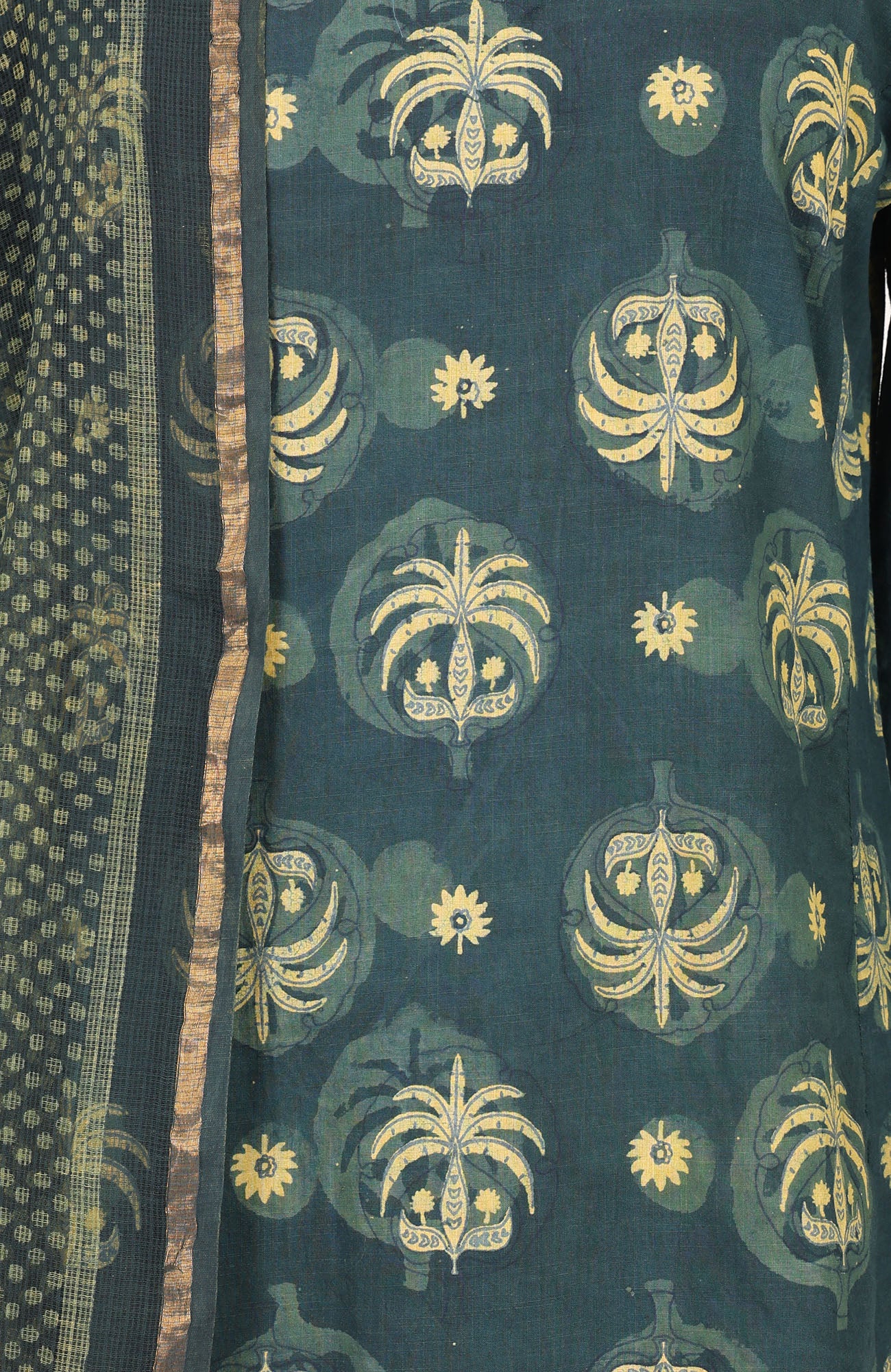 Green Block Printed Pure Cotton Straight Kurta With Straight Pants And Dupatta Set