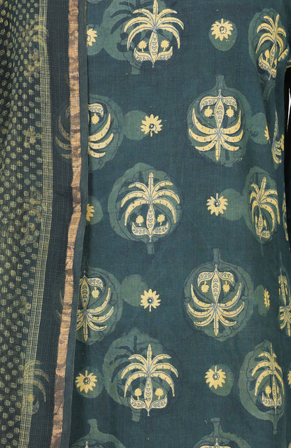 Green Block Printed Pure Cotton Straight Kurta With Straight Pants And Dupatta Set
