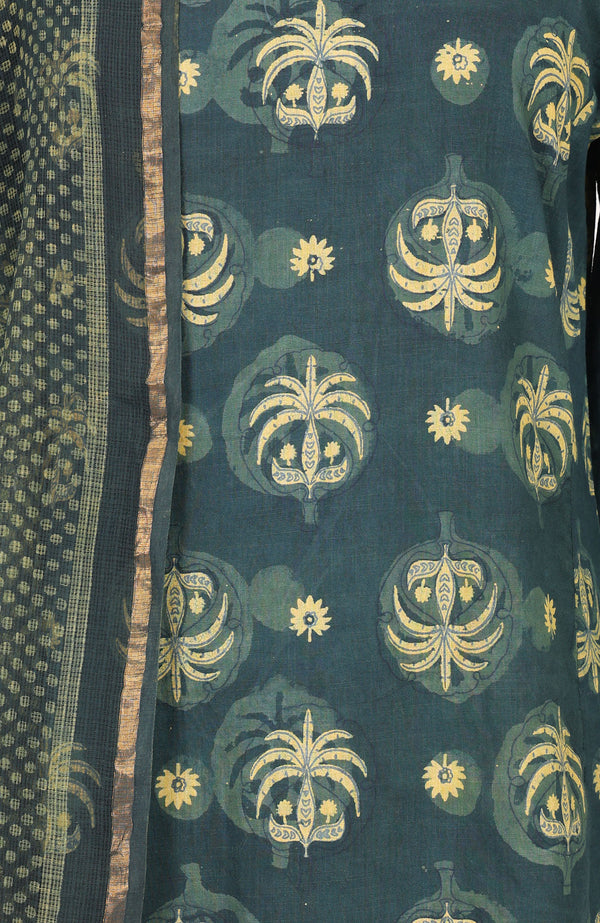 Green Block Printed Pure Cotton Straight Kurta With Straight Pants And Dupatta Set