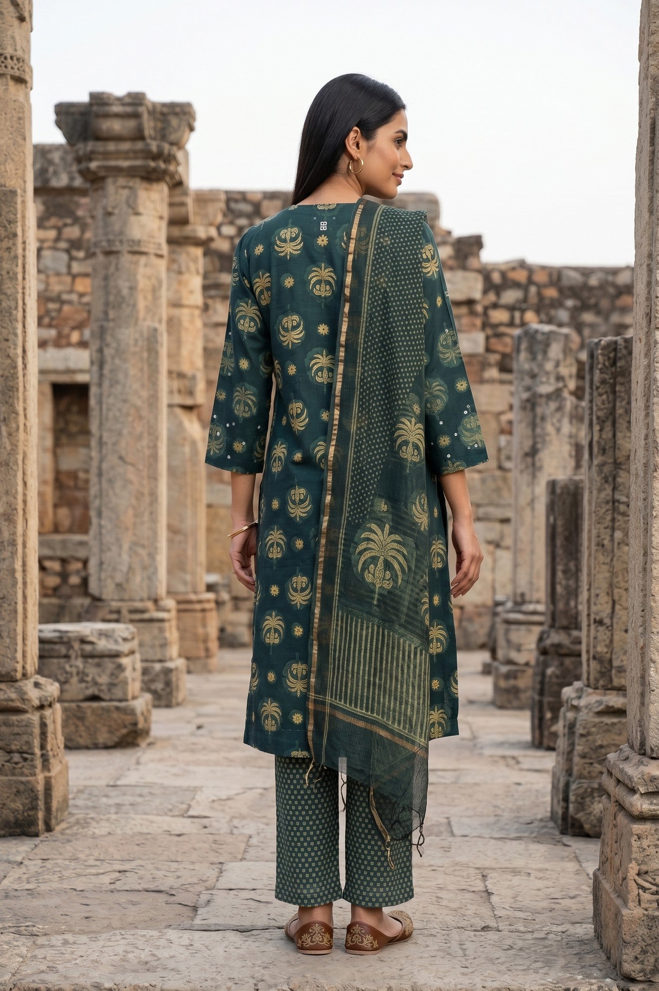 Green Block Printed Pure Cotton Straight Kurta With Straight Pants And Dupatta Set